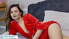 in bed with my girlfriend in red dress for roleplay web chat