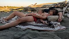 Flashing cock at stepdaughter on Canary beach, she helps me cum publicly.