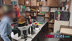 hot teen 18+ brunette thief with shaved pussy and piercing gets punished by security guard with blowjob and hardcore sex.