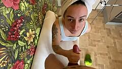 horny bitch with big tits sucks on a new phone