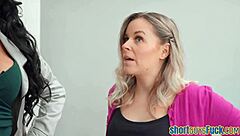 Bigass cougar gets nailed in pussy and ass by hung little guy in stockings.