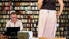 Naked giantess manager seduces boss in library, shows pussy tits cunt