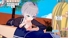 Feisty big-breasted JK Asami gets tit massage and blowjob in 3D hentai