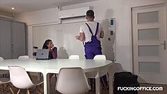 Horny secretary gets cooled down by maintenance man