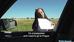 The public agent says, 'Sex for cash?' She agrees and they fuck outdoors