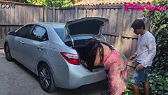 Stepmom fucks young guy in car