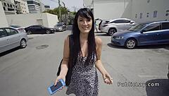 Hot brunette babe hints at outdoor fuck with big cock