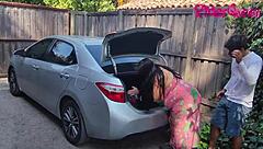 Stepmom fucks young guy in car