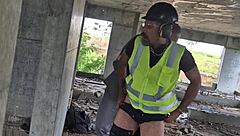 Public bareback gay sex in construction site