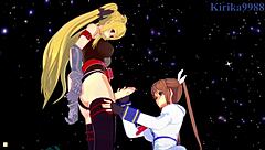 In the magical girl lyrical nanoha strikers hentai, fate testarossa and nanoha takamachi engage in intense lesbian play leading to futanari sex with creampie