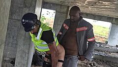 Public bareback gay sex in construction site