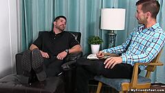 Freaky gay guy intensely sucks and licks inked hunk's juicy feet and toes.