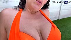 Blonde cougar fucks brunette friend in lingerie