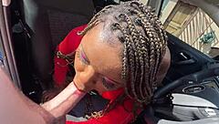 Busty black slut squirts in missionary position in the car 😍