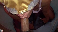 french milf in satin lingerie gives deepthroat blowjob and rimming to cocks in pov cumshots