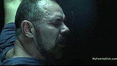 Stepdad puts his dick in the glory hole and luckily its his stepson whos sucking it behind - myfamilydick