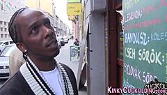 European babe in heels gives handjob and blowjob before riding big black cock