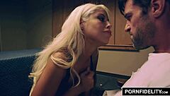 bridgette b in lingerie and stockings interrogates a big cock with her huge tits, leading to cumshot facial