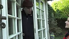 cute big-boobed girl sucks older man’s cock