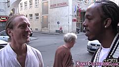 European babe in heels gives handjob and blowjob before riding big black cock