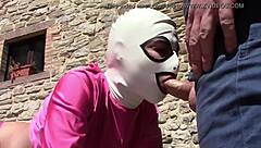 Petite latina laura gives outdoor blowjob in heels, receiving facial cumshot