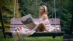 Amazing ass Russian blonde Zhenya Belaya strips outdoors in the woods.