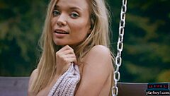 Amazing ass Russian blonde Zhenya Belaya strips outdoors in the woods.