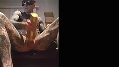 Tattooed guy strokes cock in fleshlight solo