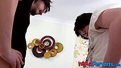 Two Lucky Nerds Get Blown by Insatiable British Slut