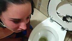 emo bondage slut dragged to toilet for piss drinking and cock sucking
