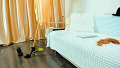 Whore in costumes fingering herself on webcam