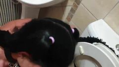 emo bondage slut dragged to toilet for piss drinking and cock sucking