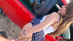 Strange girl catches guy masturbating in car and helps him cum!