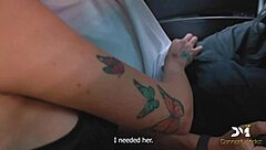 Suggestive nympho fucks lover and mechanic in public outdoor scene