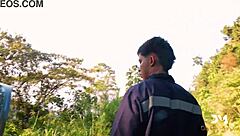 Suggestive nympho fucks lover and mechanic in public outdoor scene