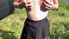 A stranger helps park the car, leading to a quick risky outdoor fuck with dirty talk