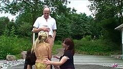 Scandalous group sex in the park in Berlin with three mature German housewives.