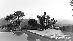 private encounter where hot brunette receives attention from the boss in stockings