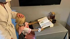 horny man distracts silicone sex doll from a book