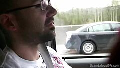 Hot babe rubbing cock while guy driving caught on tape 😍