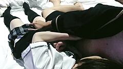 Japanese Schoolgirl Cosplay with Handjob and Creampie Sex