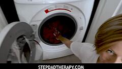 Teen stepdaughter orgasms on stepdad's fingers in POV garage scene.