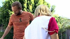 two horny studs bring blonde teen mae meyers on couch threesome