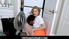 Teen stepdaughter orgasms on stepdad's fingers in POV garage scene.