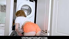 Teen stepdaughter orgasms on stepdad's fingers in POV garage scene.