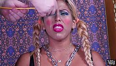 olive skinned sub teen 18+ gags on deepthroat blowjob under domination