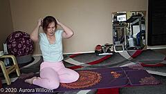 sexy milf in yoga shows shaved pussy