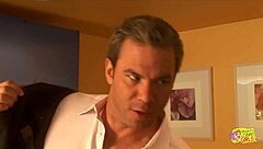 Virtual lesbians intensely eat pussy and fuck with dildo on white leather sofa.