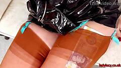 Satin blouse and PVC skirt on sexy Lady Lucy