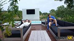 Sexy teen argued with boyfriend, then banged his old man hard.  